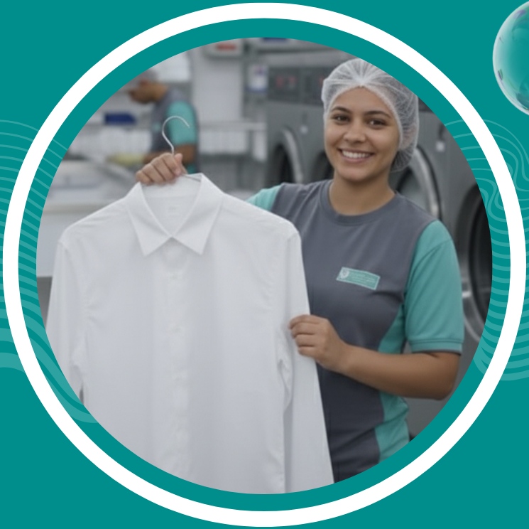Colaboradora da Lavanderia Poços de Caldas segurando camisa limpa e passada
